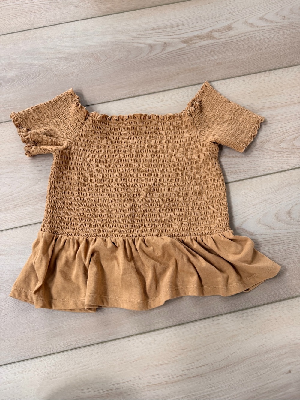 American Eagle Outfitters Smocked Off-Shoulder Ruffle Hem Top in Tan